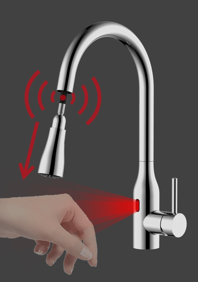 touchless faucet; infrared motion activated faucet; dual sensor faucet; kitchen faucet; 