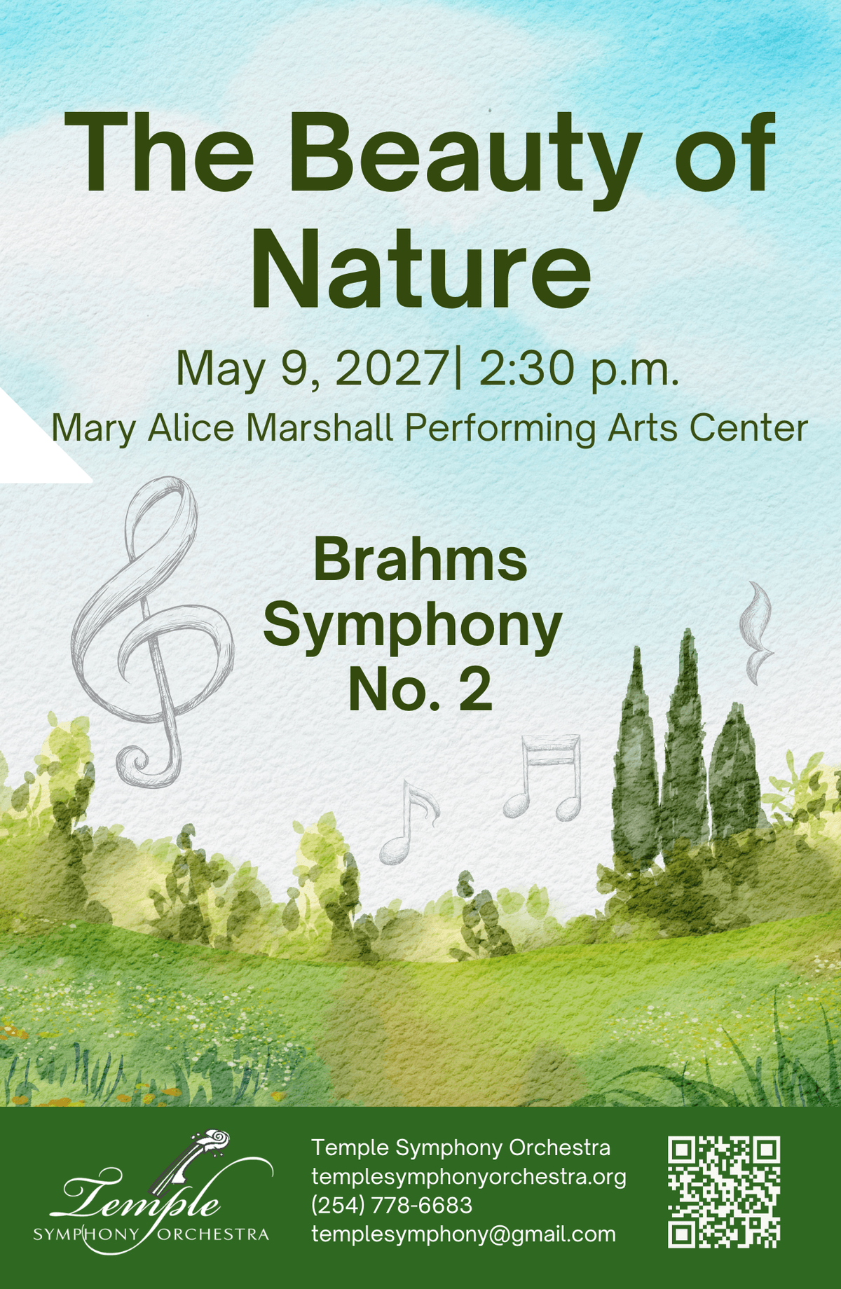 Temple Symphony Orchestra May 9, 2027 The Beauty of Nature concert poster with a watercolor pastoral landscape and sketch floating musical notes