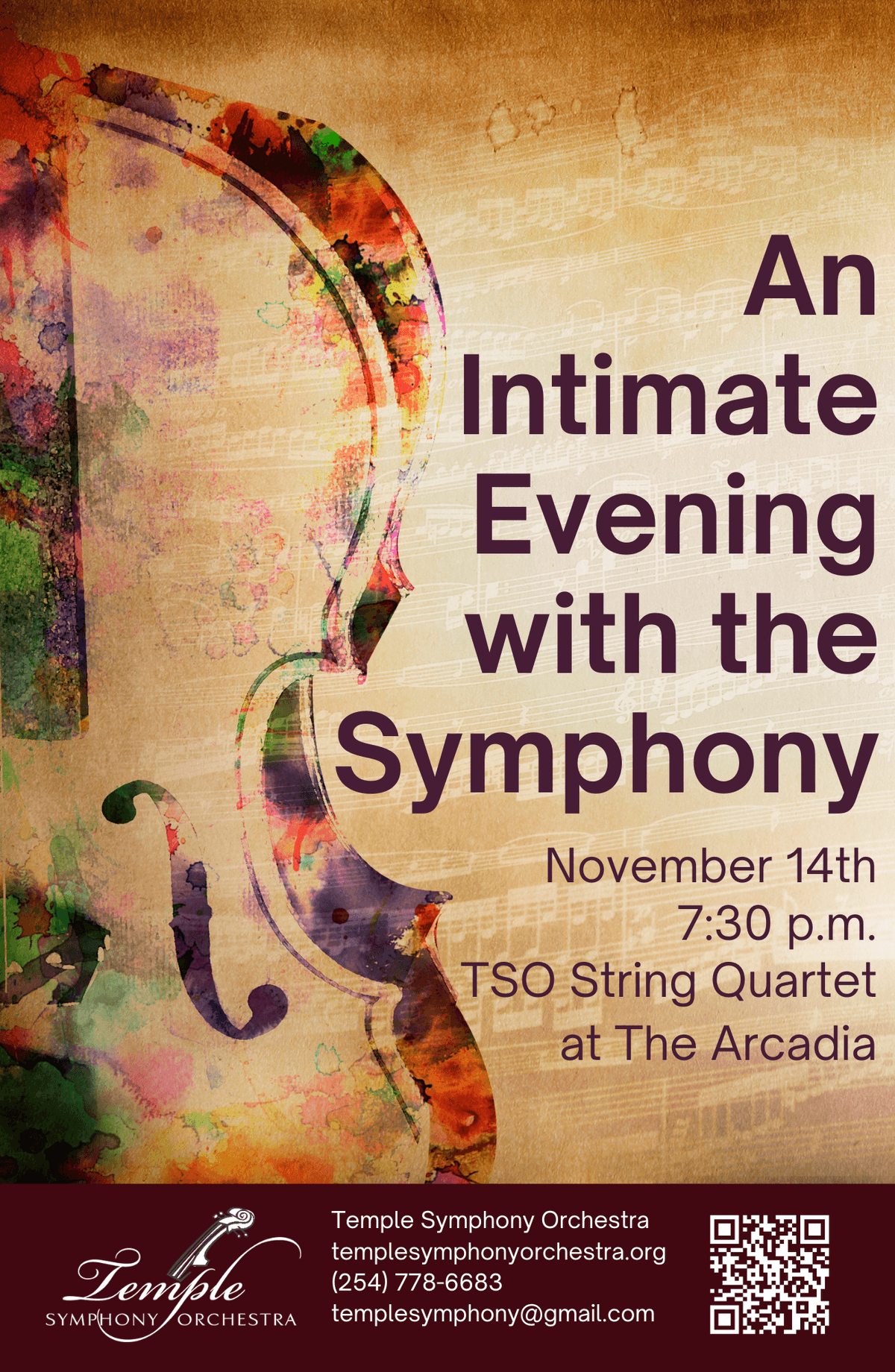 Temple Symphony Orchestra Nov. 14th- An Intimate Evening with the Symphony poster with a colorful string instrument photo