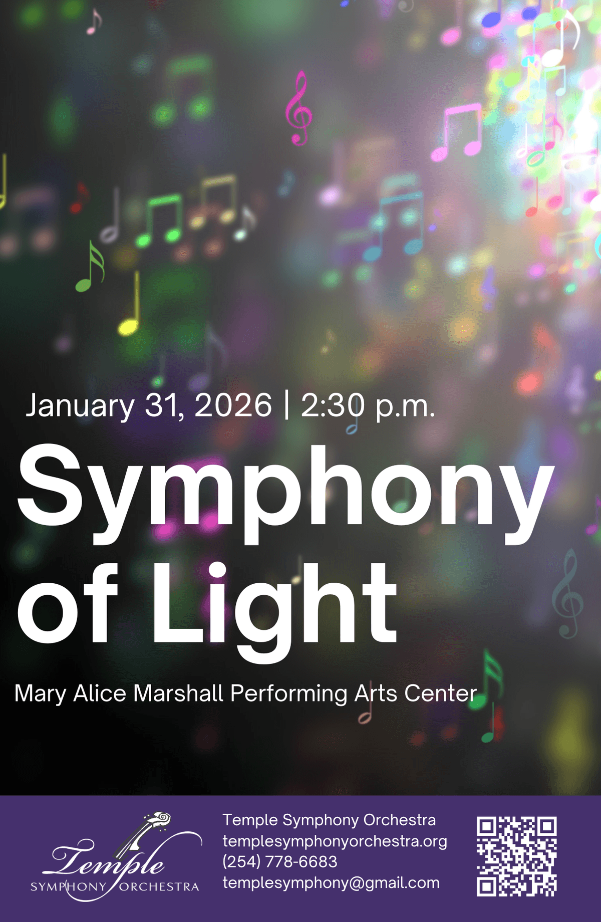 Temple Symphony Orchestra Jan. 31, 2027 Symphony of Light concert poster with floating colorful musical notes