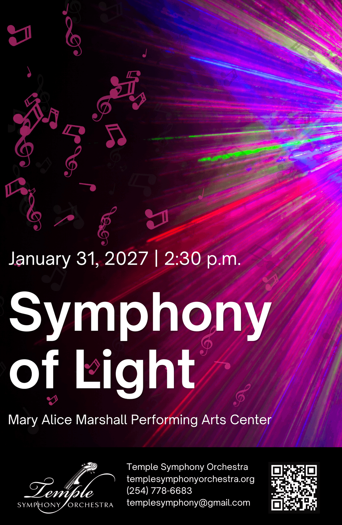 Temple Symphony Orchestra Jan. 31, 2027 Symphony of Light concert poster with floating colorful musical notes