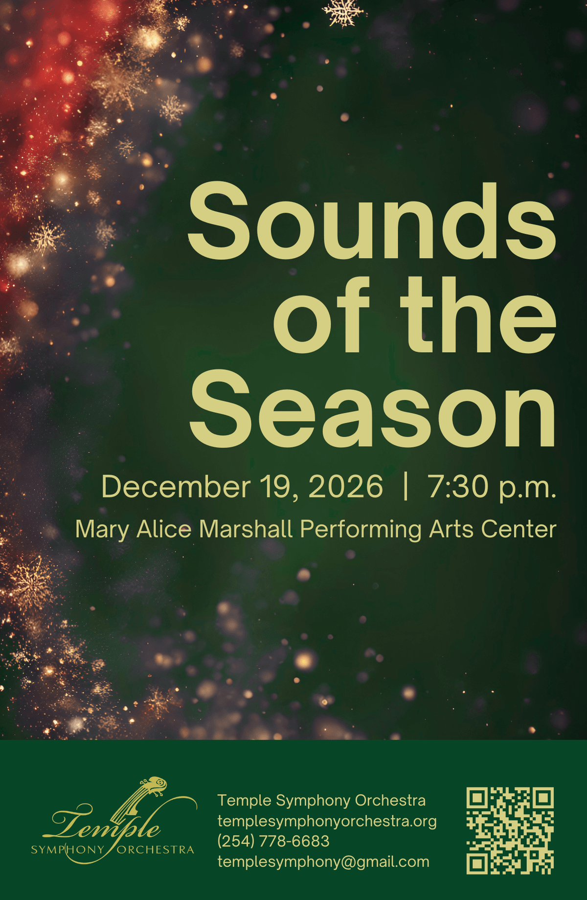 Temple Symphony Orchestra Dec 19th Sounds of the Season holiday concert poster