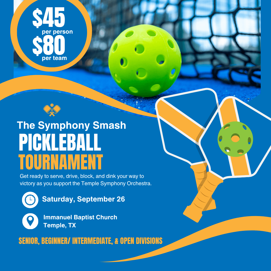 Pickleball flyer with a picture of a pickleball on the court next to a net