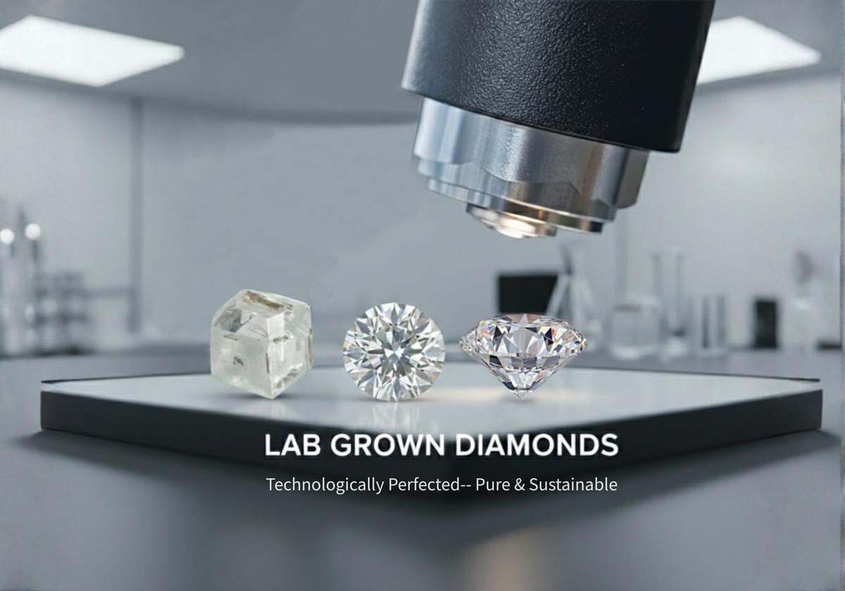 DSC 嚴選高品質實驗室培育鑽石，從原石、正面到立體完整呈現，透過完美車工釋放璀璨火彩。