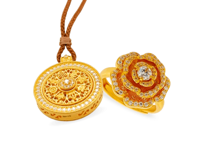 黃金鑲莫桑鑽玫瑰花女戒，黃金八寶輪盤莫桑鑽墜子