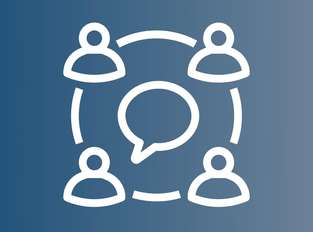Blue background with white stylized graphic of four people in a circle with a dialogue bubble in the centera
