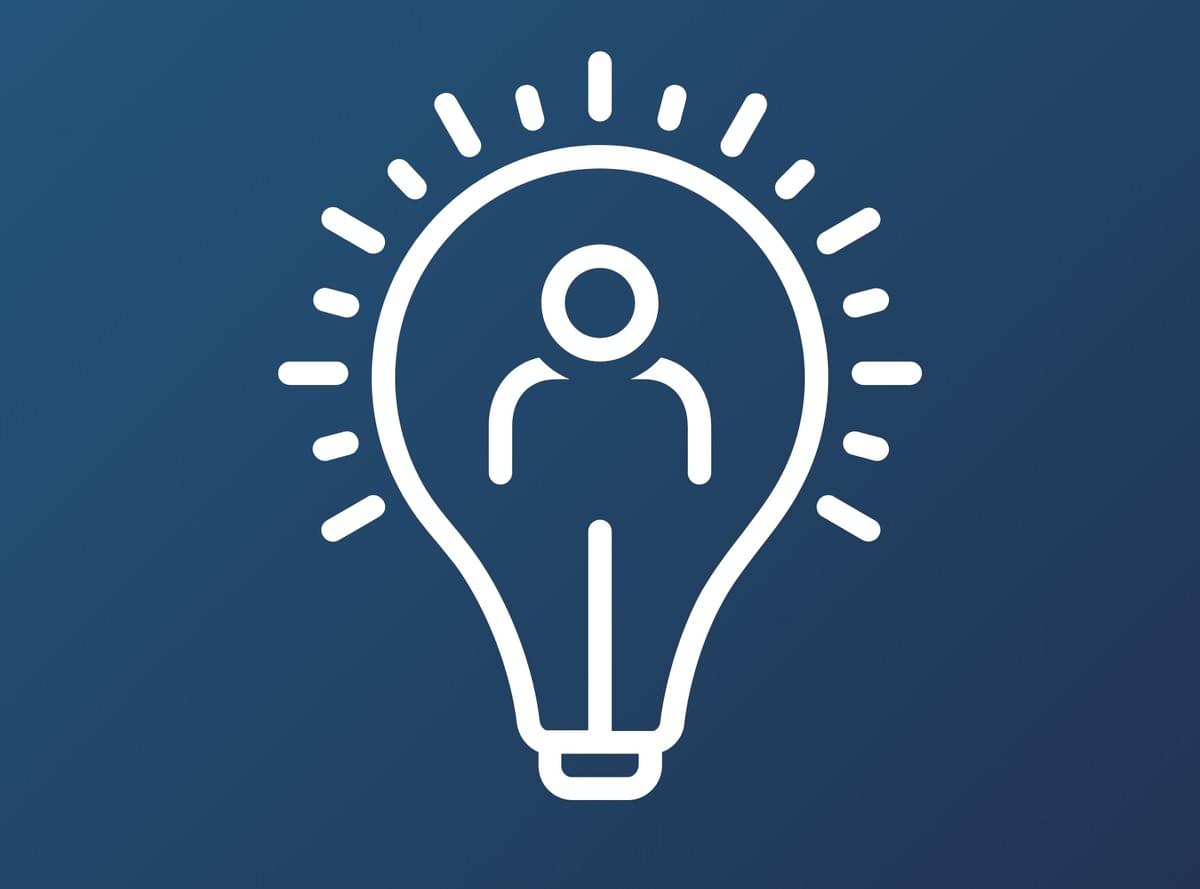 Blue background with white stylized graphic of a light bulb with a person's head and torso inside