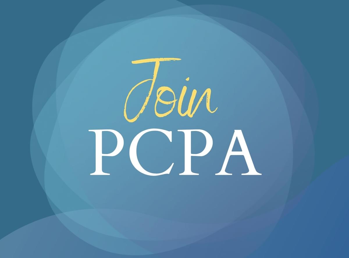 Blue background with yellow and white words click and learn about joining PCPA
