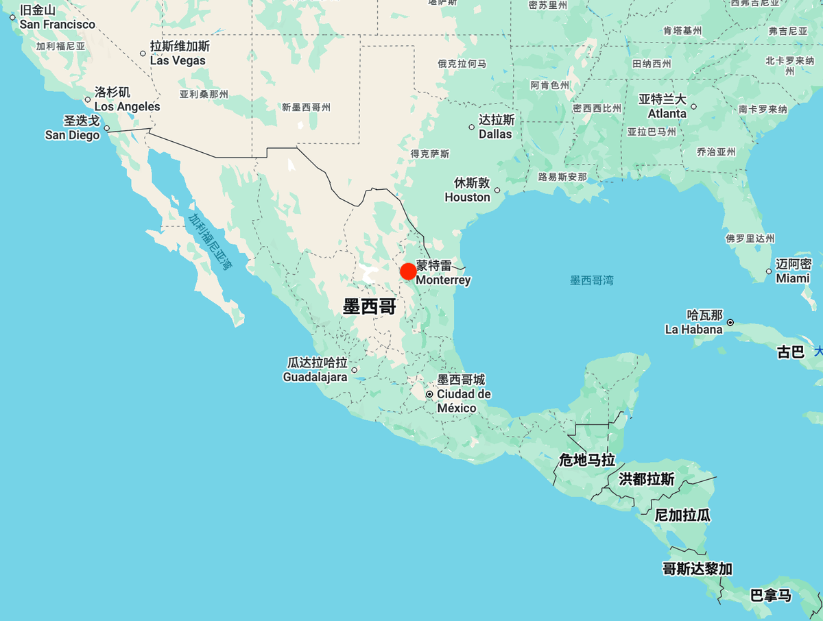蒙特雷（红点）紧邻美国得克萨斯州