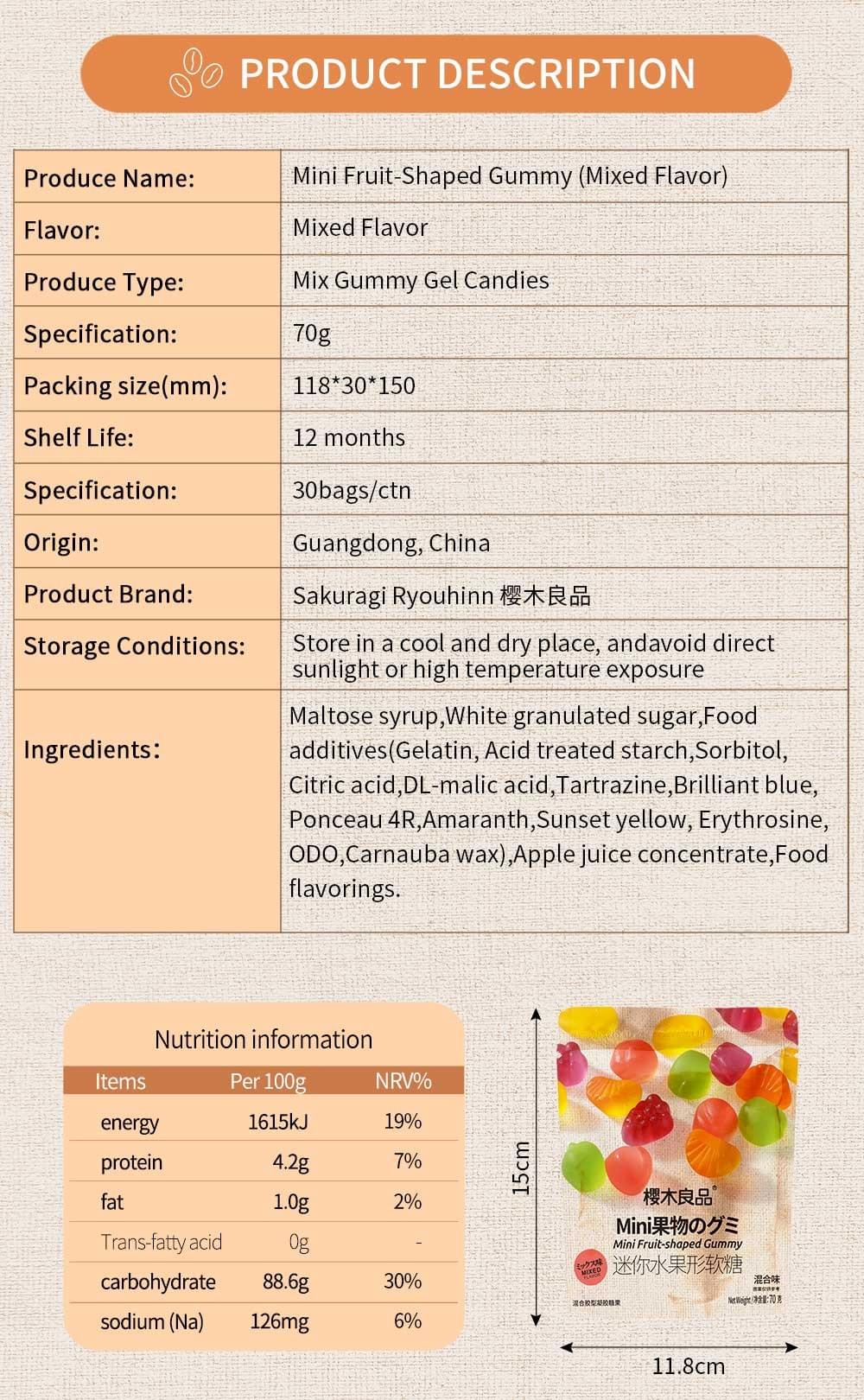 Mini Fruit-Shaped Gummy (Mixed Flavor) 70g