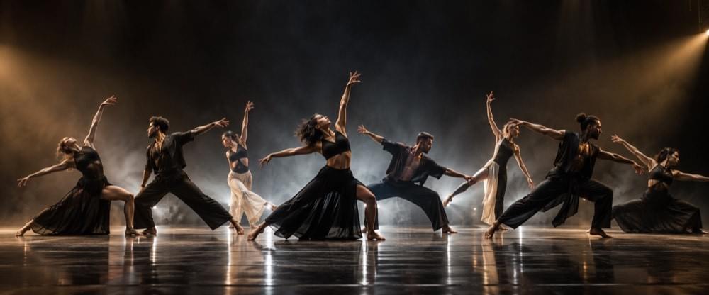 Illustration générée : ensemble de danseurs sur une scène éclairée de noir et d’or.