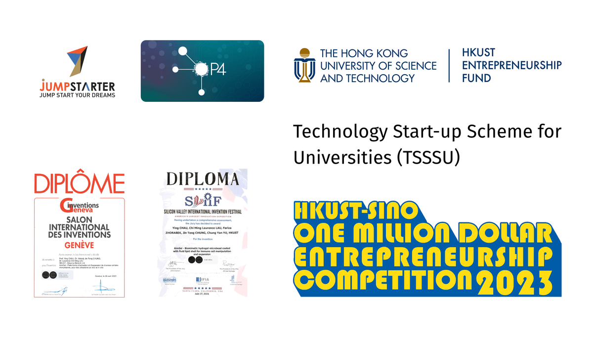 Collage of logos and diplomas showcasing Allegrow Biotech's achievements. Clockwise from top-left: Jumpstarter Winner 2023, Seed invesment from HKUST Entrepreneurship Fund, Technology Start-up Scheme for Universities (TSSSU), HKUST-Sino 1 Million Dollar Entrepreneurship Competition 2023 winner, Silicon Valley International Invention Festival Medal, 48th Geneva International Exhibition of Invention Gold Medal