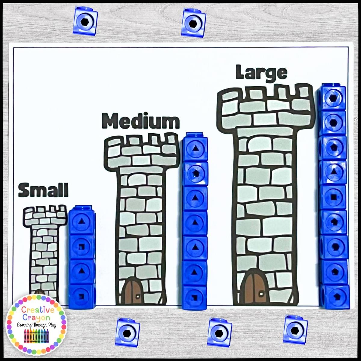 Castle Tower Size Sort – students build and compare tower sizes with block play on a measurement mat