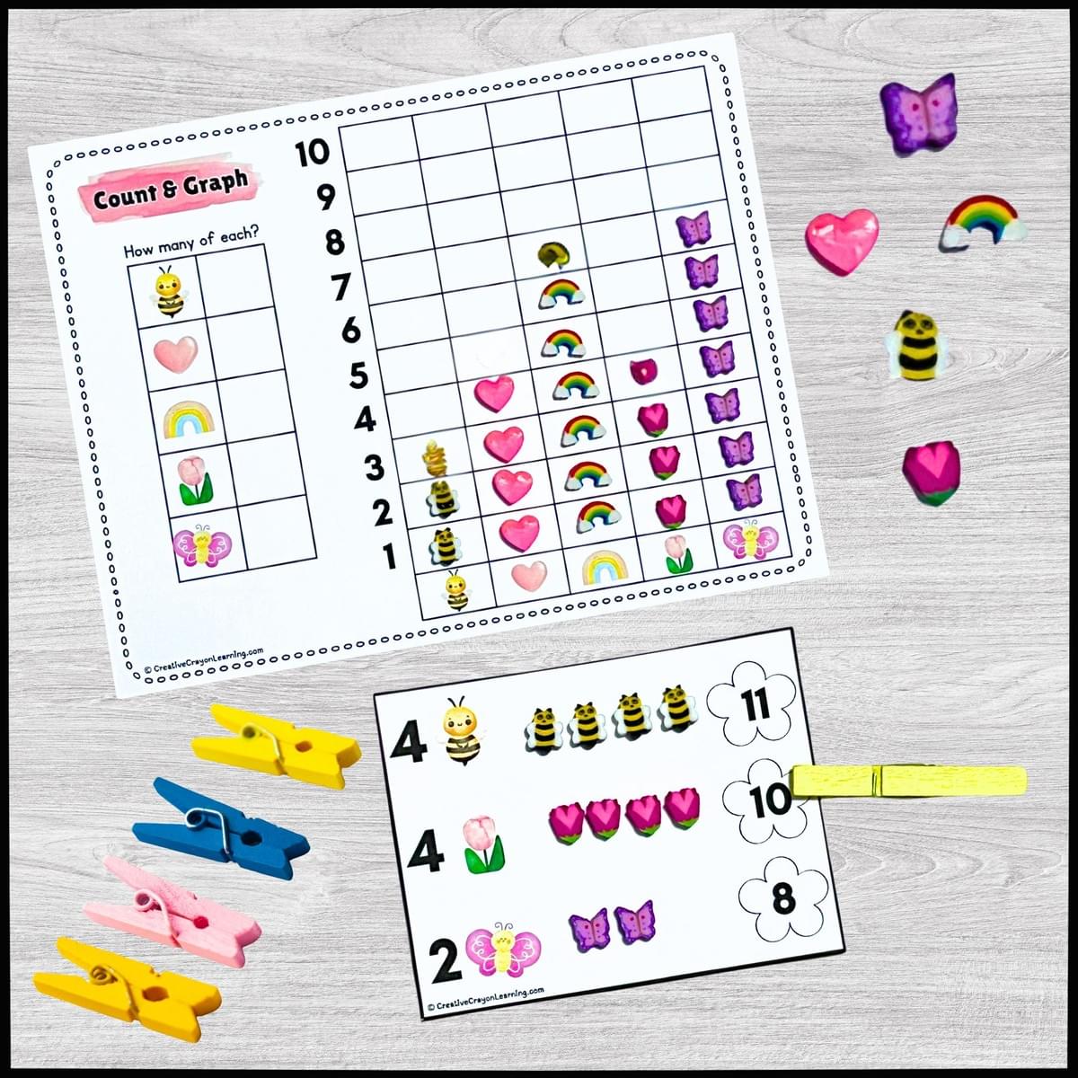 Spring math center for kindergarten with counting, addition, and graphing practic