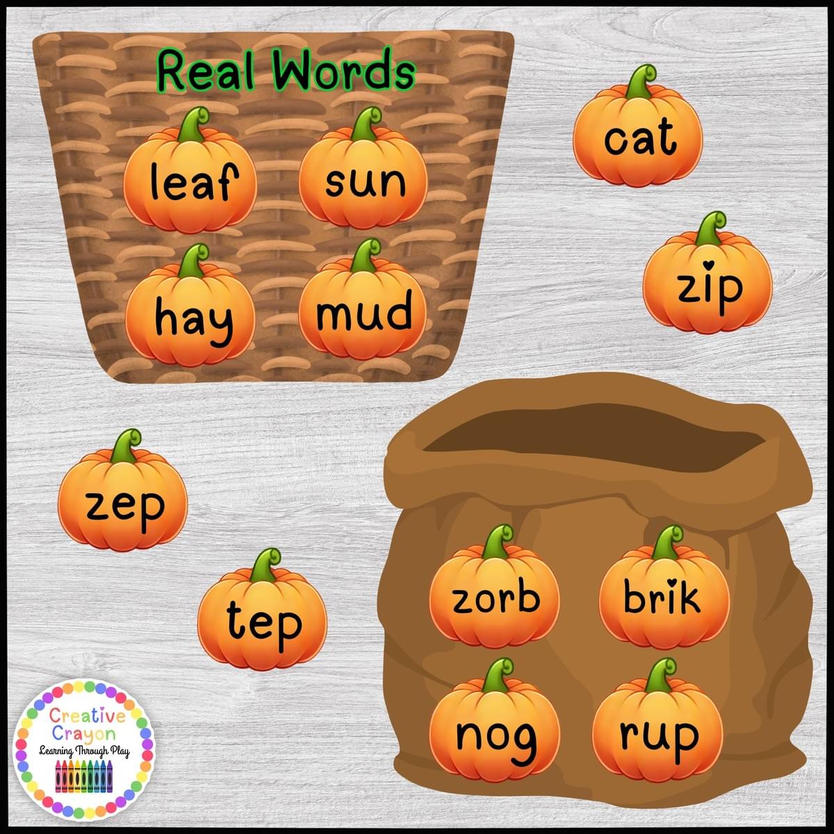 Pumpkin-themed CVC word sort for kindergarten with real and nonsense word sorting mats.