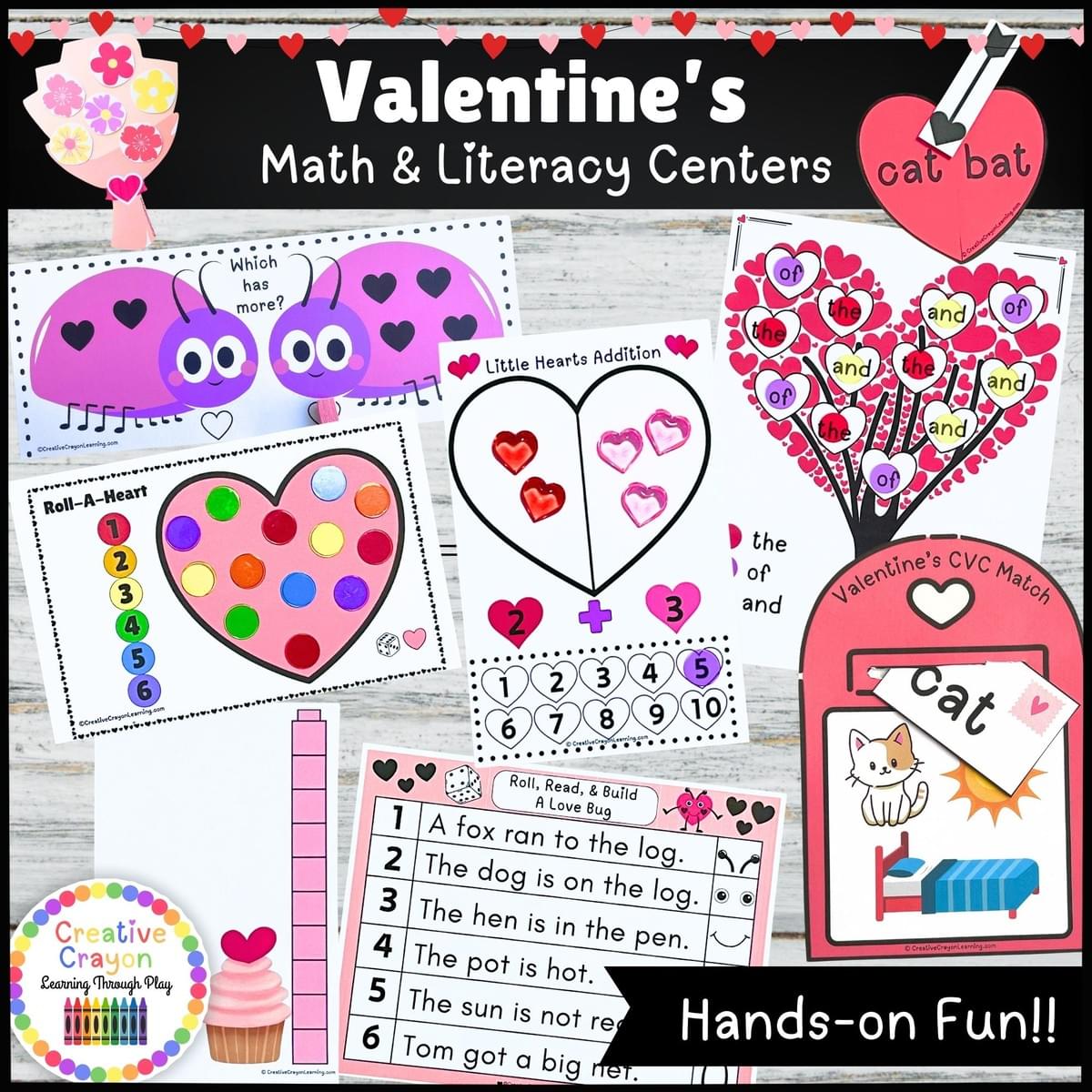 Valentine’s Day kindergarten centers bundle with 12 printable hands-on math and literacy activities