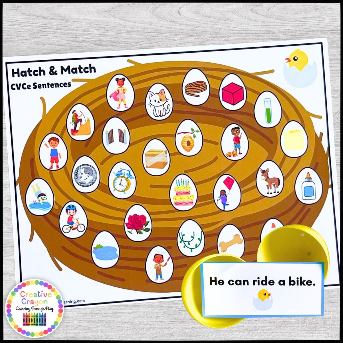 CVCe sentence matching activity for Kindergarten and 1st grade using plastic eggs and decodable sentences from Chick Hatch & Match literacy center.