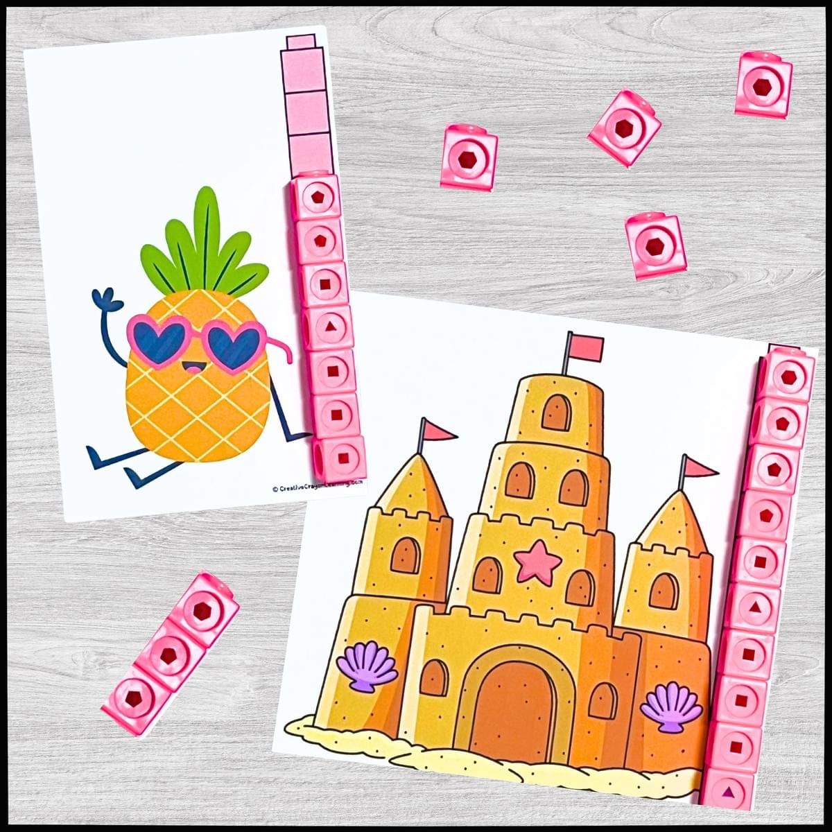 Nonstandard summer measuring activity for kindergarten with themed measuring cards and cubes.