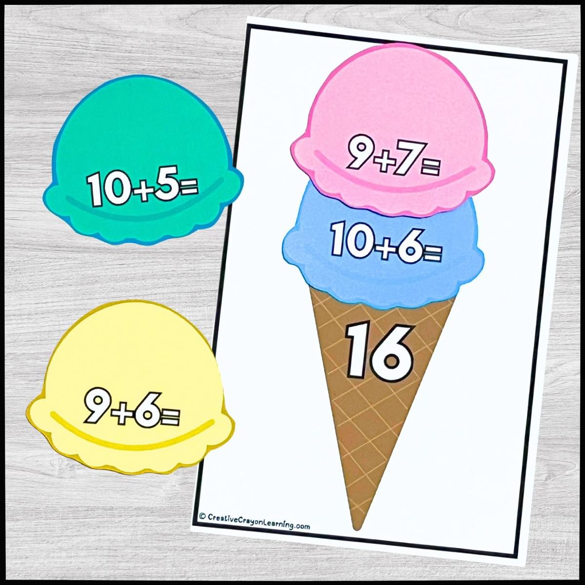 Ice cream-themed addition matching center for kindergarten with cones and scoops showing math facts and sums, perfect for summer hands-on math practice.
