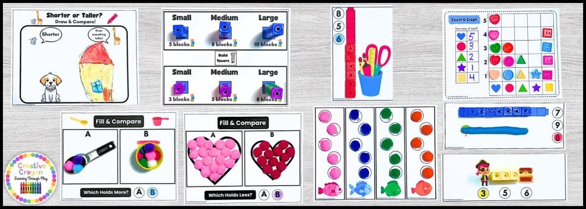 Full kindergarten measurement center pack – 14 hands-on activities for size, length, weight, graphing, and sorting.