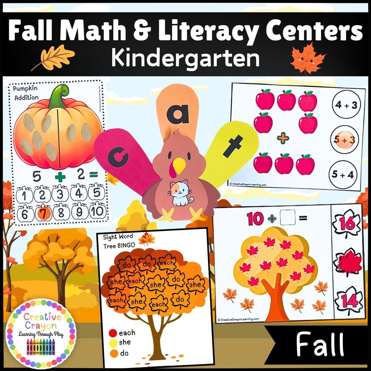 Printable hands-on fall math and literacy centers bundle for kindergarten with pumpkins, turkeys, CVC words, and hands-on fall games.