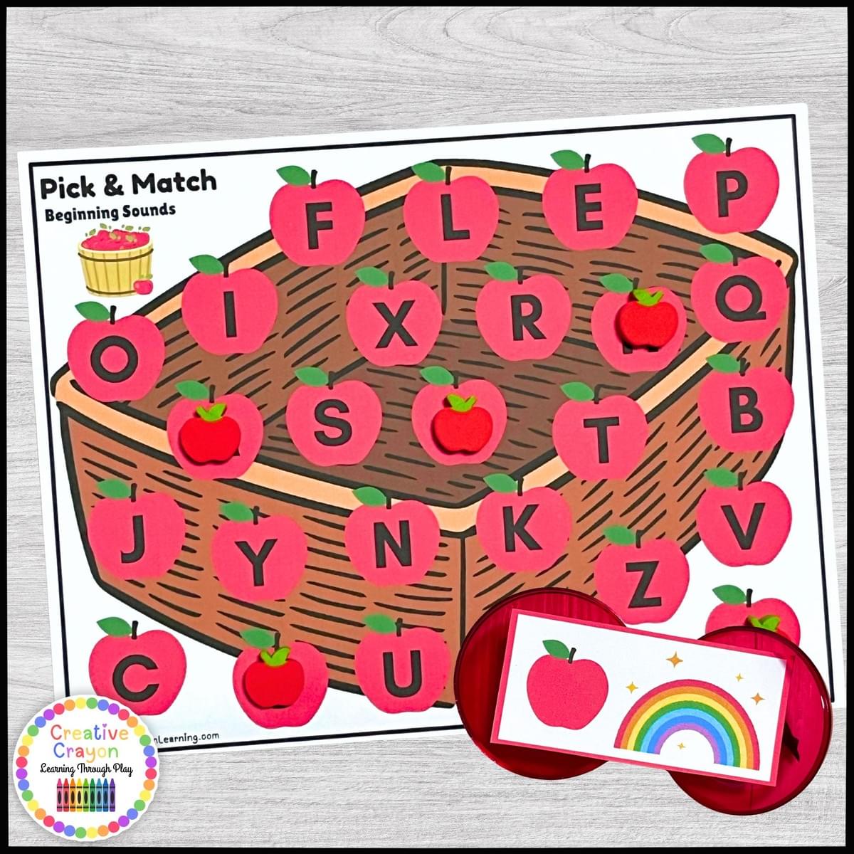 Apple-themed letter sound matching literacy center for kindergarten with beginning sound picture mat.