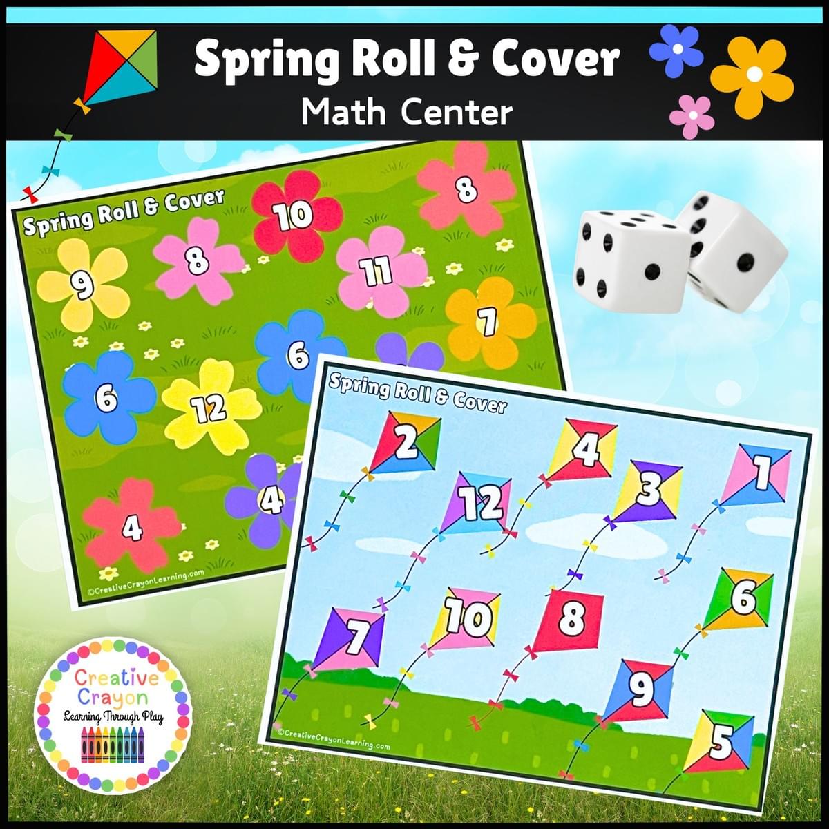 Spring-themed Roll and Count free printable for kindergarten featuring dice, number recognition, and hands-on math practice with flower graphics.
