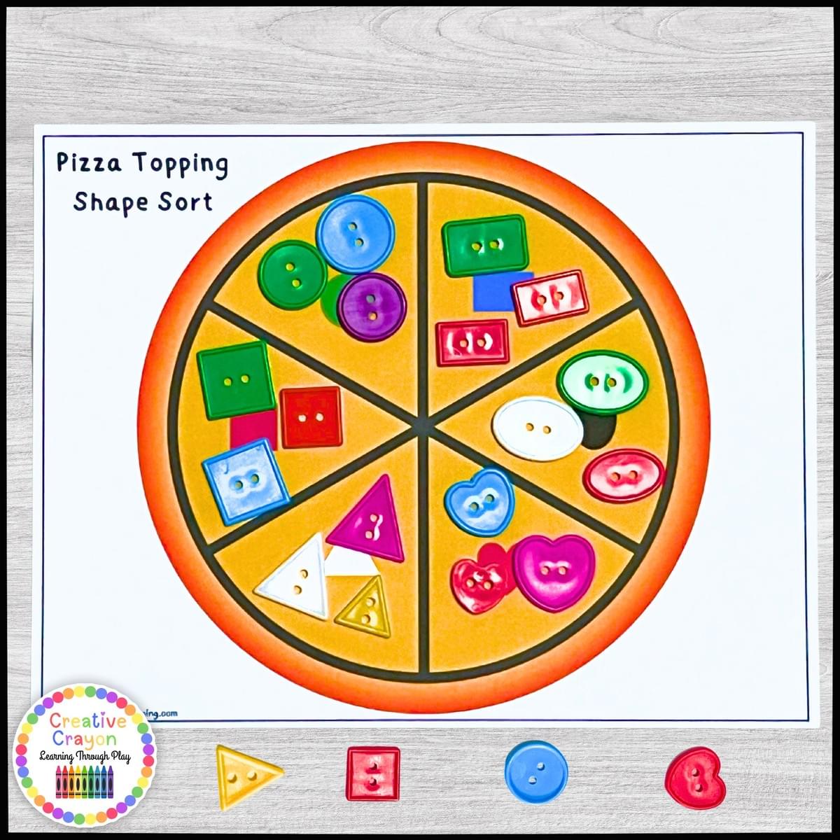 Pizza Shape Sorting Mat – children sort shape buttons onto a pizza slice for hands-on kindergarten geometry practice.