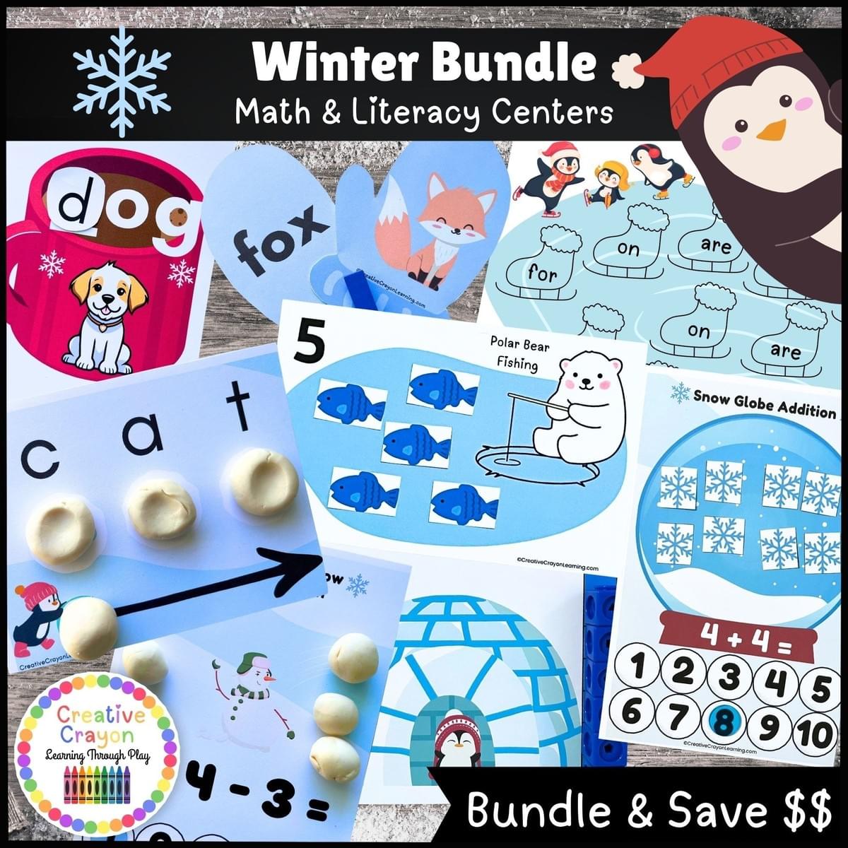 Winter Math and Literacy Centers Bundle for Kindergarten with hands-on snow-themed activities for January learning.