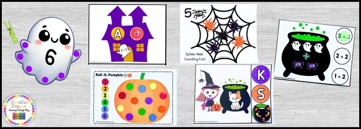 Halloween math and literacy center preview for kindergarten featuring hands-on activities like counting, letter matching, phonics, and number games.