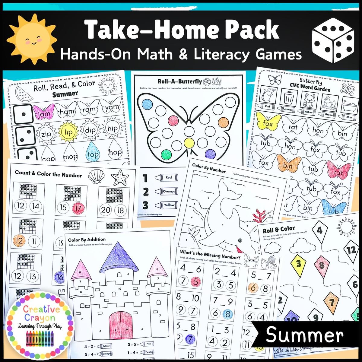 Printable summer take-home packet for kindergarten with math and literacy games for review.