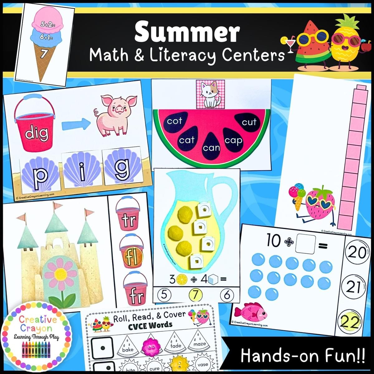 June Math and Literacy Centers for Kindergarten – Summer-themed hands-on activities including ice cream addition, lemonade stand coin counting, and CVC word games for end-of-year review