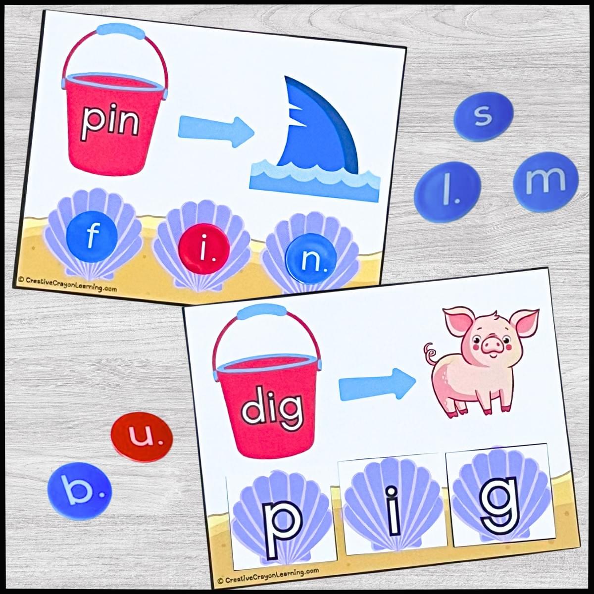 Beach Bucket Phonics hands-on CVC word-building literacy center for kindergarten with seashell letter cards, perfect for summer or June classroom and homeschool learning.