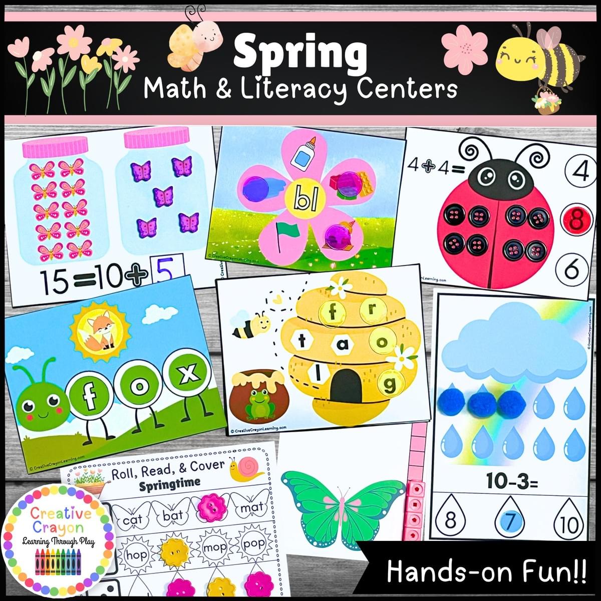 Spring Math and Literacy Centers Bundle for PreK, Kindergarten, and 1st grade with hands-on activities for counting, addition, letter sounds, CVC words, and sentence building for playful spring learning.