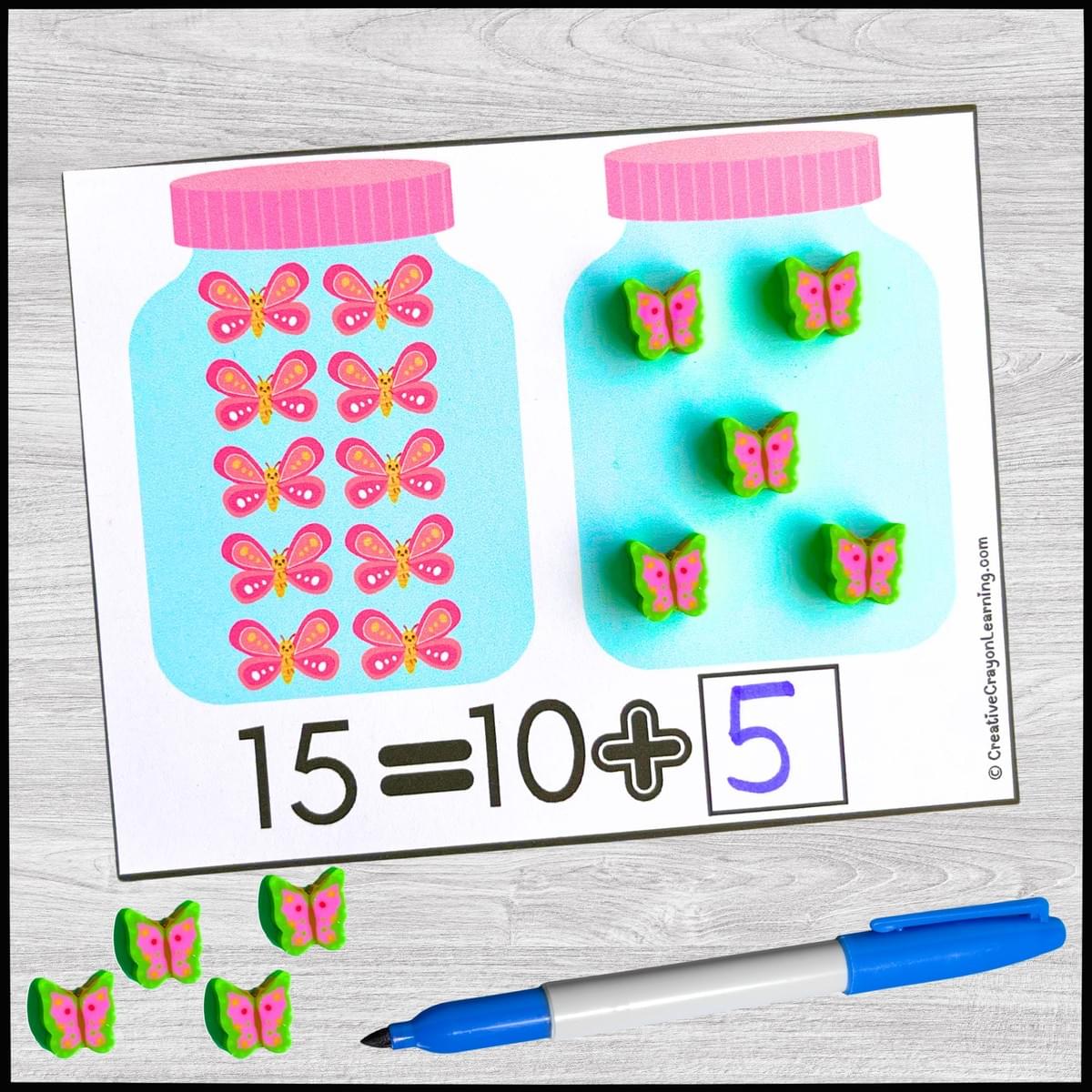 Backwards addition butterfly activity for kindergarten math center using visual supports