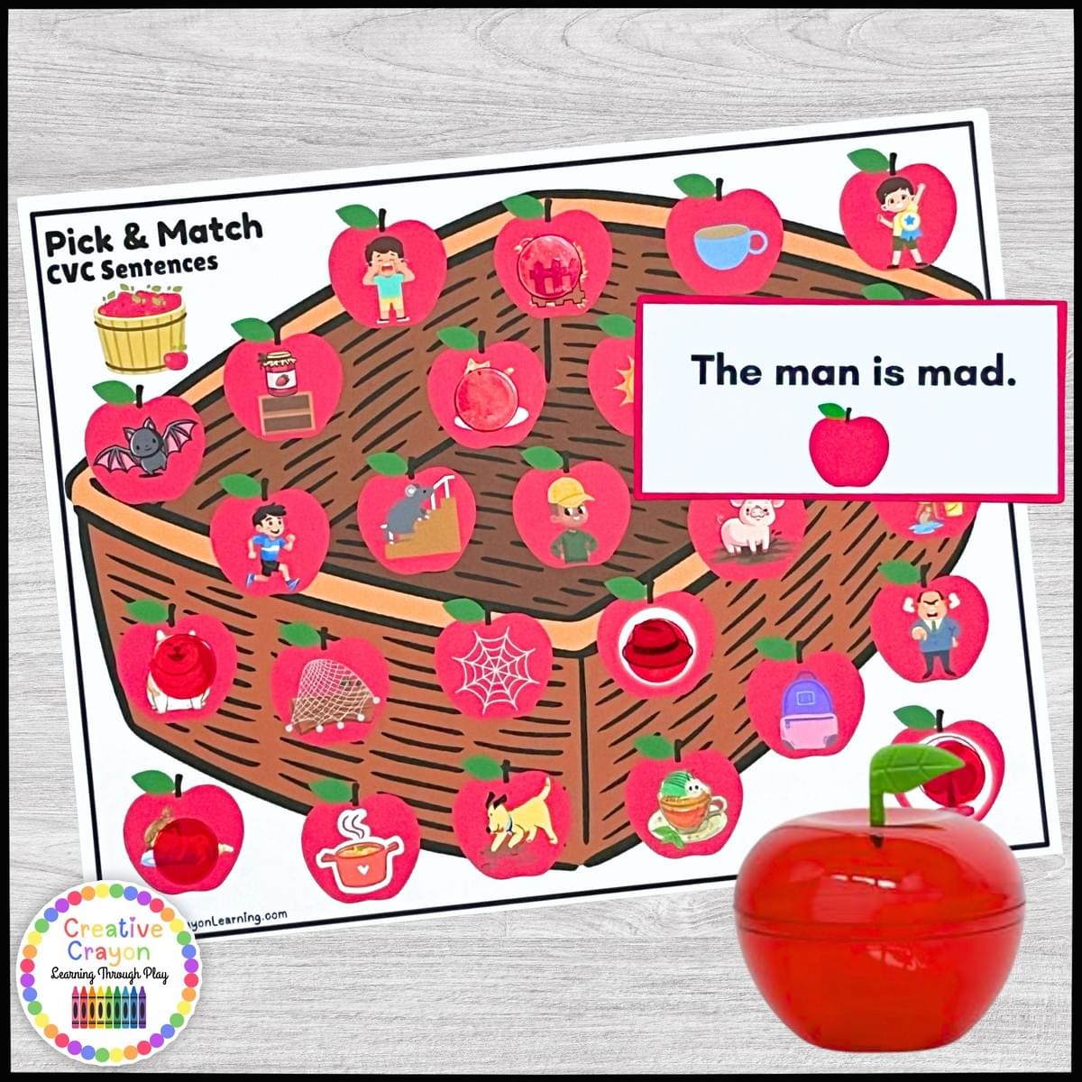 Apple Pick & Match CVC sentence reading activity with plastic apple and CVC sentence matching mat.
