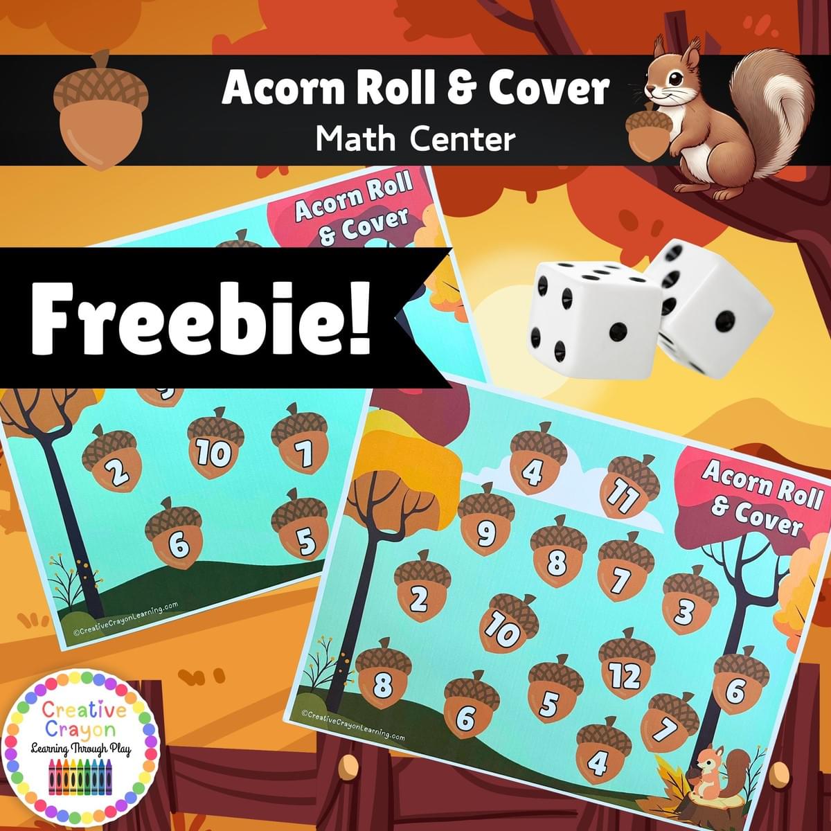 Free fall math center for kindergarten with acorn roll-and-cover dice game for number recognition and addition.