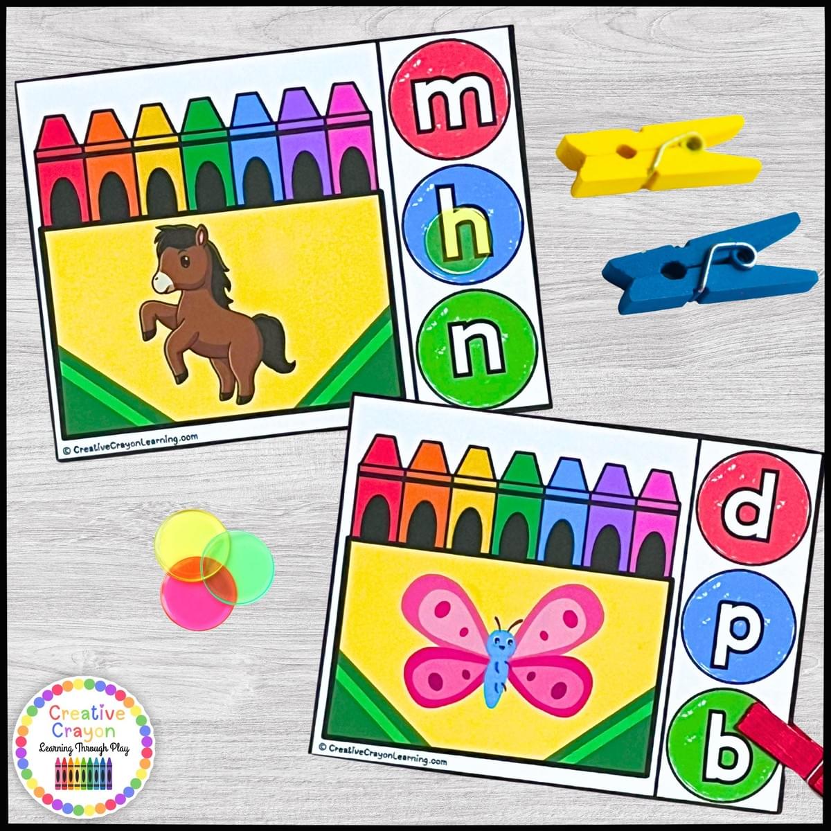 Crayon box themed literacy center for kindergarten with beginning sound matching and hands-on phonics practice.