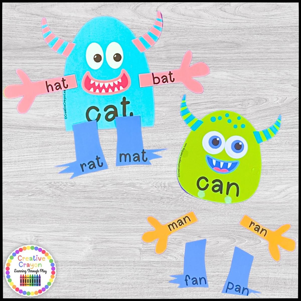 Monster rhyming literacy center for kindergarten with hands-on CVC word family matching monster game pieces.