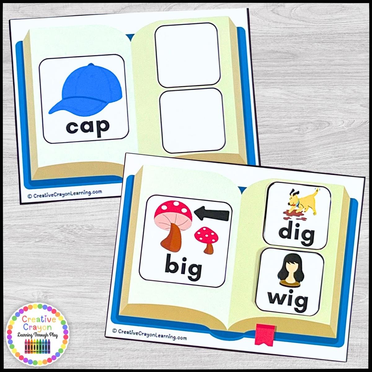 Printable storybook-themed rhyme matching literacy center for kindergarten featuring open-book cards and CVC word family rhymes.