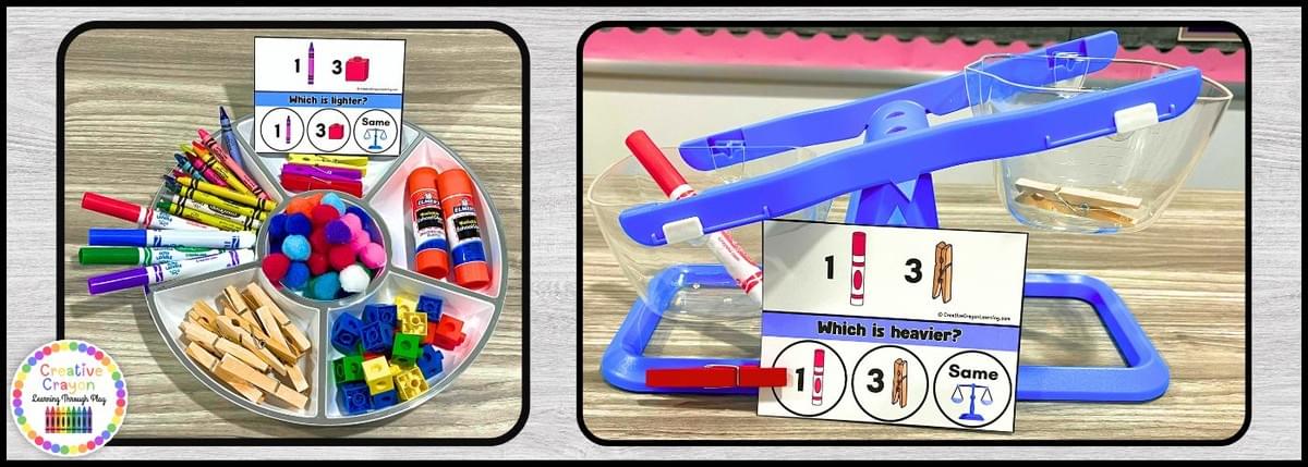 Kindergarten weighing activity cards – students compare classroom objects using a balance scale and clip answers.