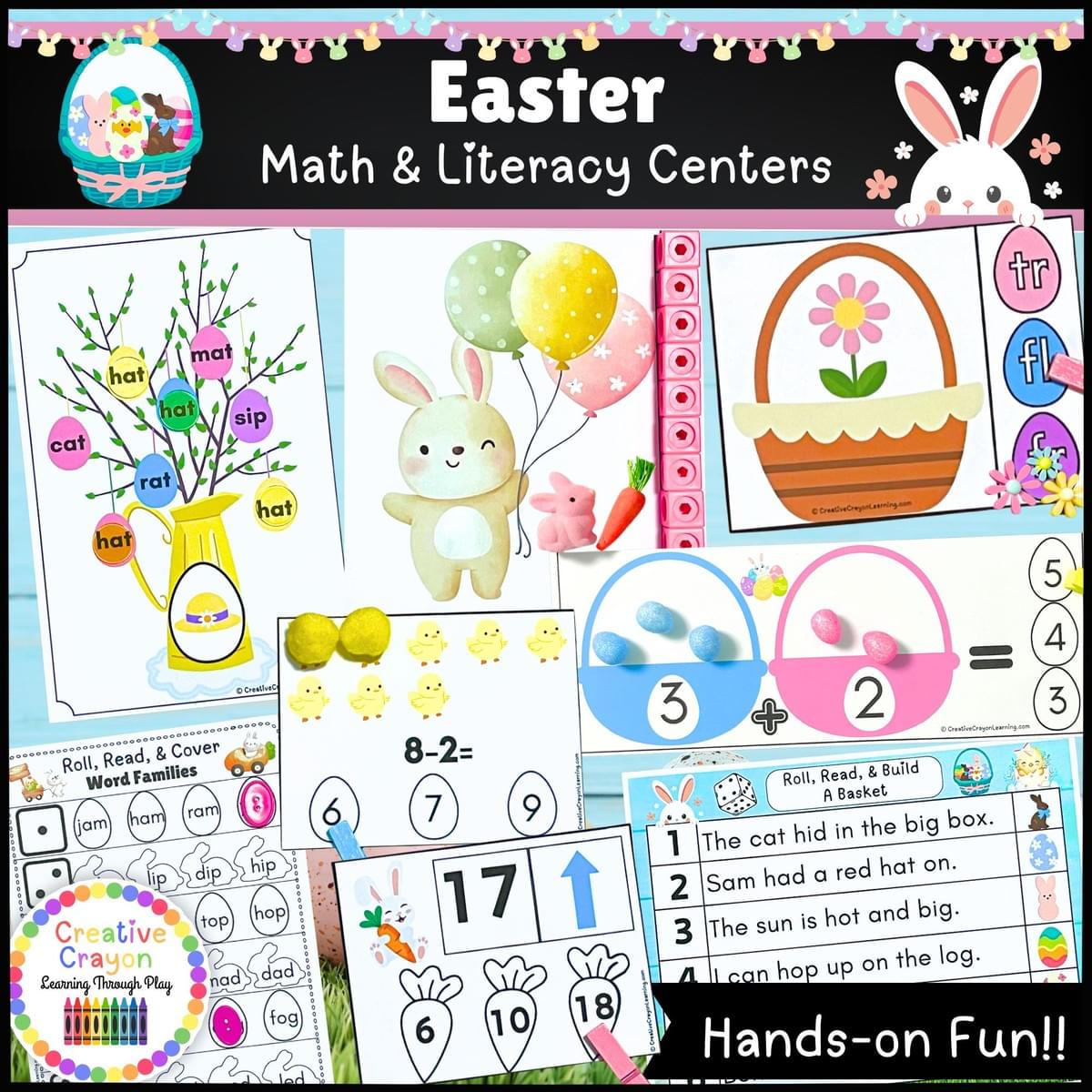 Easter math and literacy bundle cover with hands-on kindergarten centers for spring reading and math skills