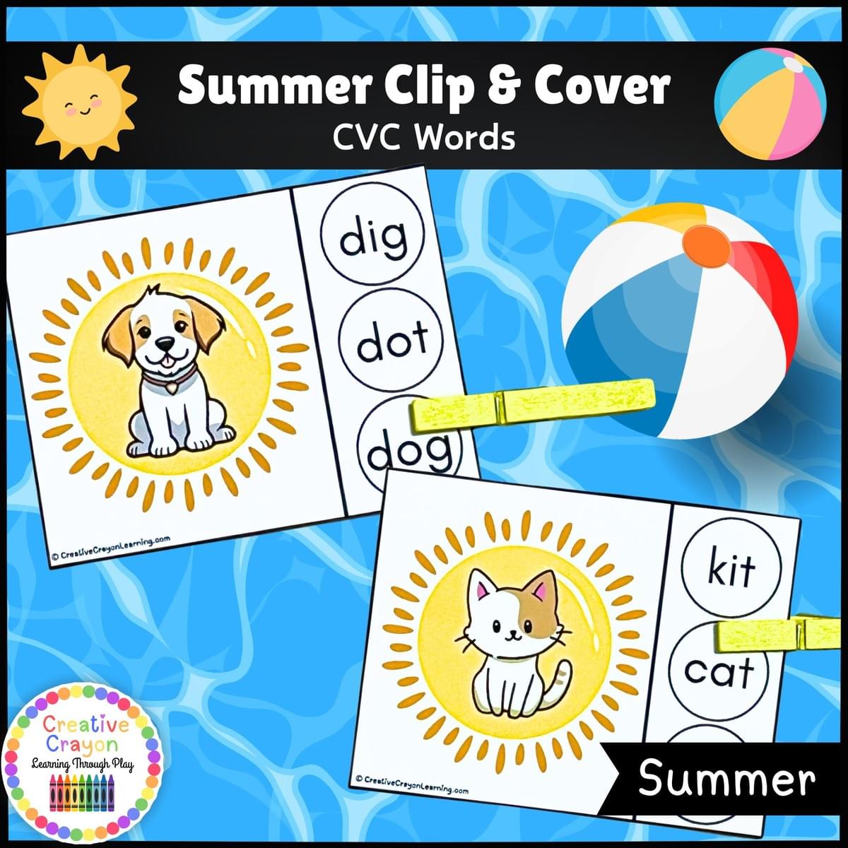 Free summer CVC word literacy game for kindergarten with clip cards and picture matching.
