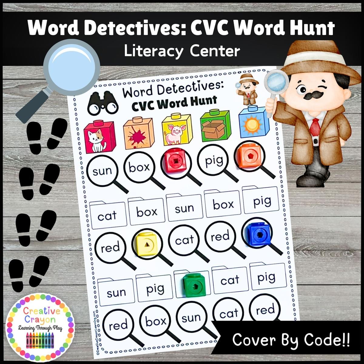 Cover image for Word Detectives: CVC Word Hunt – a hands-on back to school literacy center where kindergarten students match CVC words to pictures using color clues and math cubes for decoding practice.