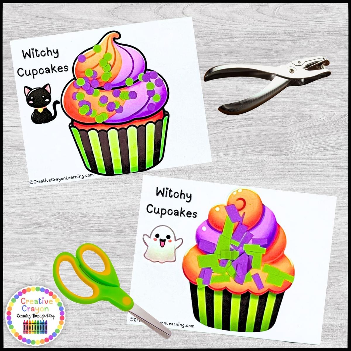 Halloween fine motor activity for preschool and kindergarten with cupcake cutting and hole punching practice cards.
