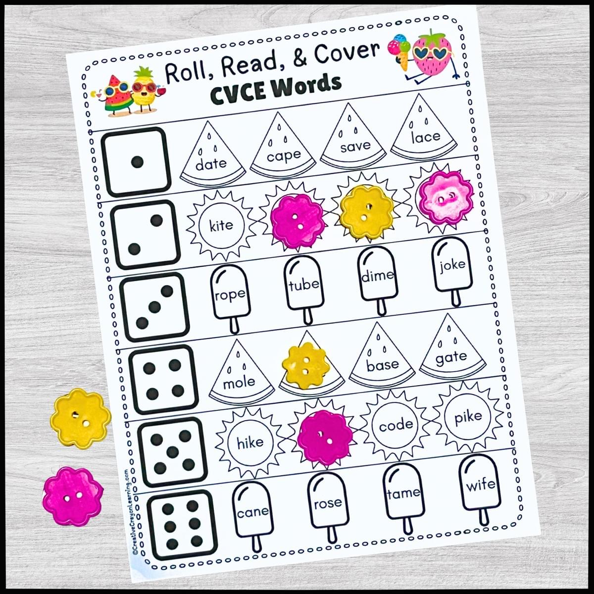 Summer-themed CVCe phonics practice for kindergarten with roll and cover board.