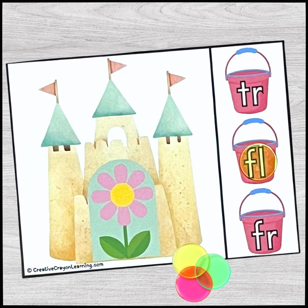 Summer sandcastle blend matching literacy center for kindergarten with picture clues and clips.
