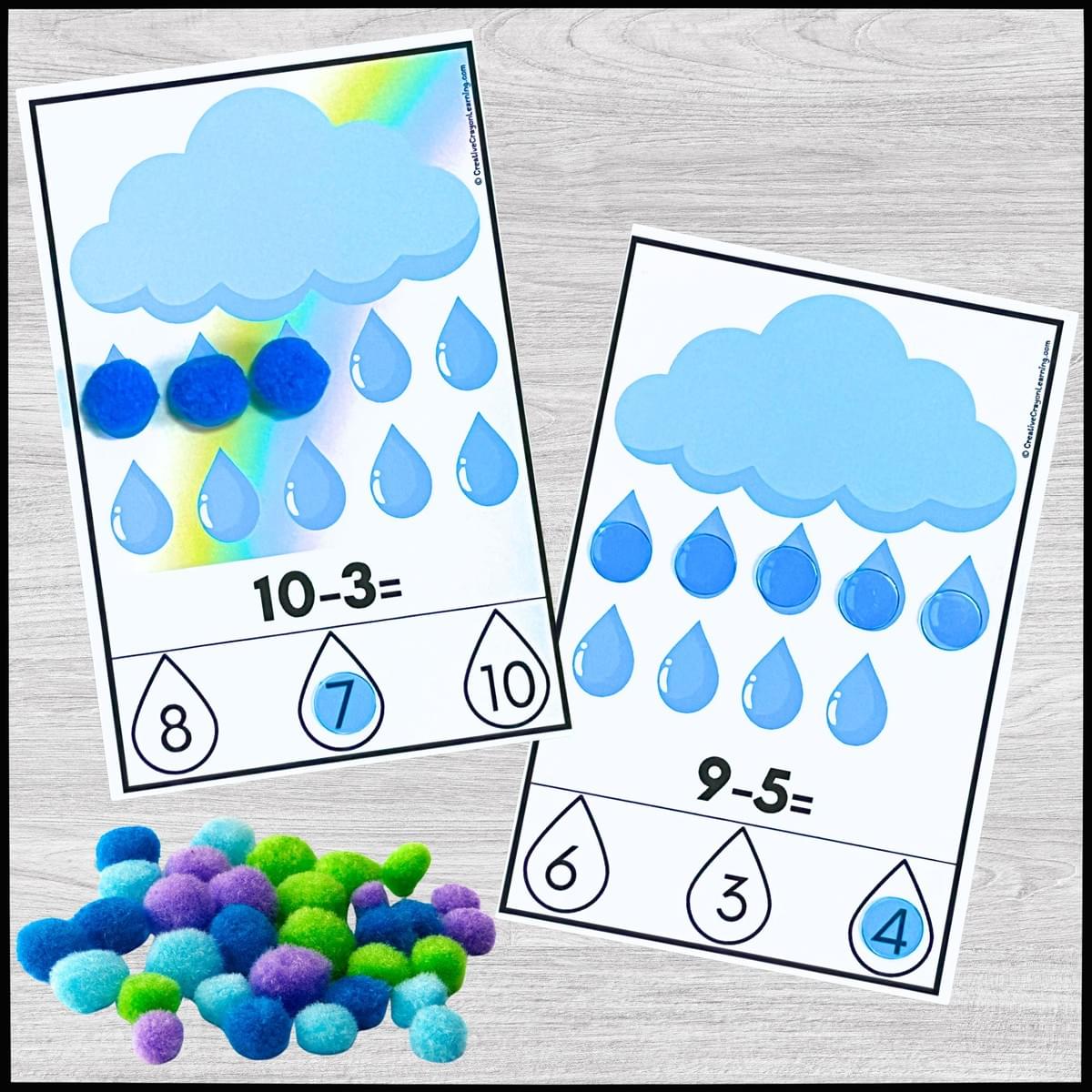 Spring subtraction center for kindergarten with cloud and raindrop visuals