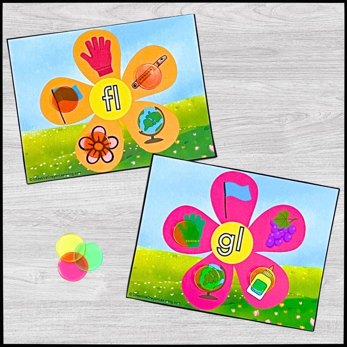 Spring-themed blend matching literacy center for kindergarten with flower cards and beginning sounds