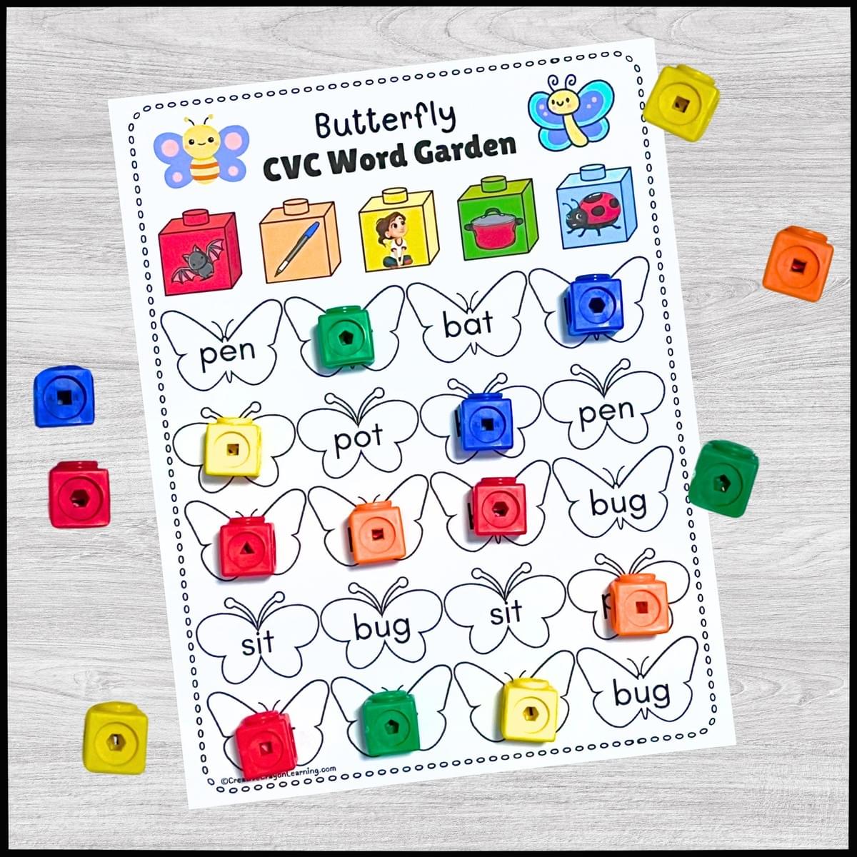  Butterfly-themed CVC word matching literacy activity for kindergarten.